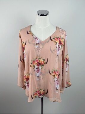 Show Me Your MuMu Peach Pink Skull Floral Long Sleeve Blouse Top Women XS